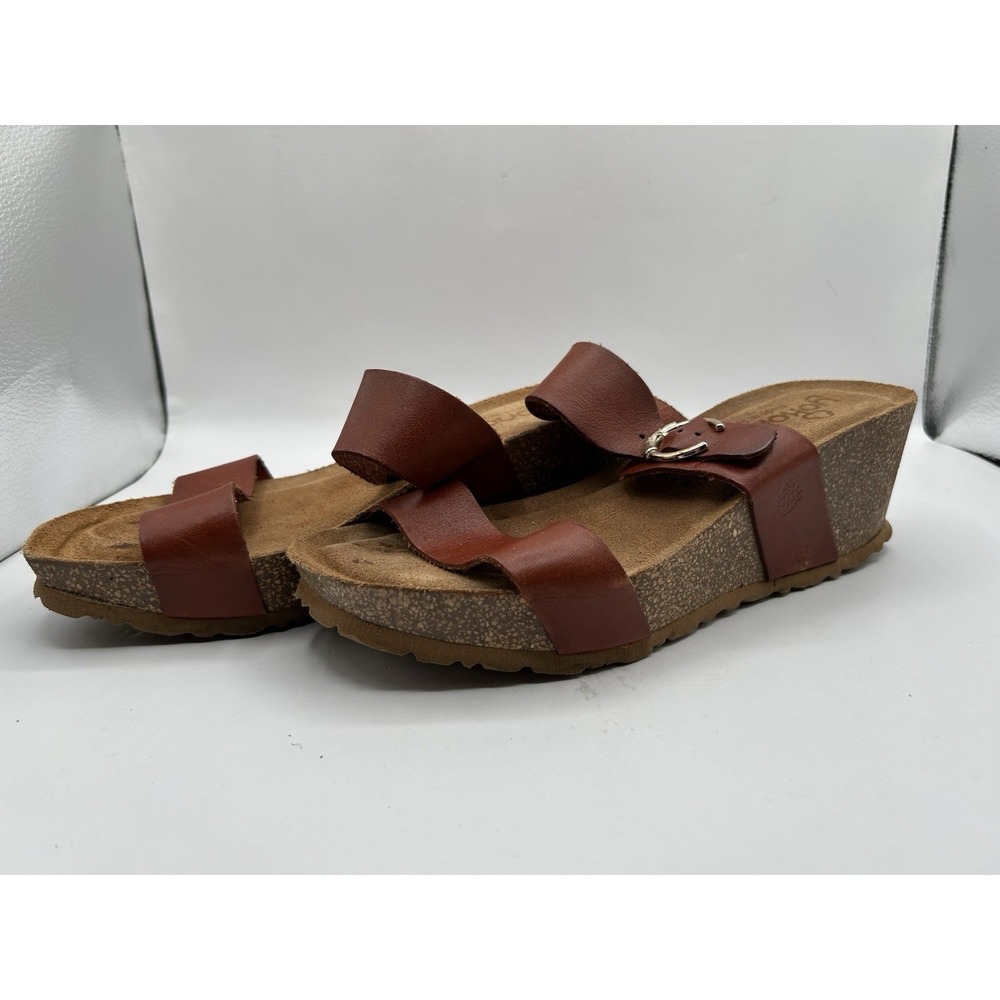 Yokono Womens Brown Leather Straps & Sock Cork Sole Wedge Slip On Sandals 8